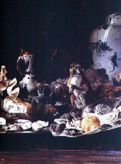 Exotisches Stillleben mit Affe und chinesischem Porzellan von Barend or Bernardus van der Meer