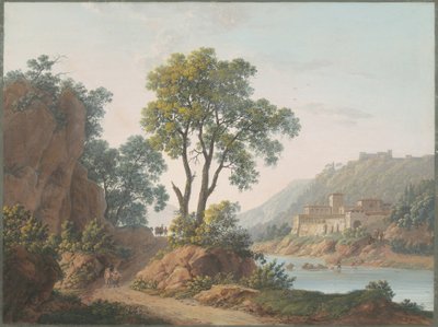 Flusslandschaft mit Burgen und Reisenden von Baron Louis Albert Guillain Bacler d