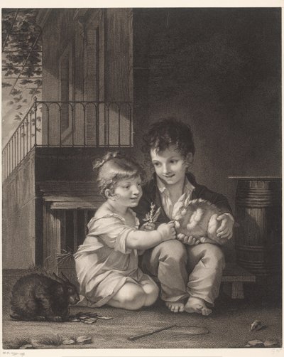 Zwei Kinder mit Kaninchen von Barthélémy Joseph Fulcran Roger
