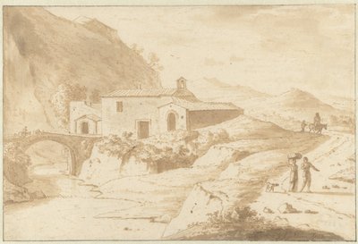 Hügelige Landschaft mit einer Kapelle an einer Brücke von Bartholomeus Appelman