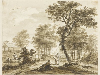 Landschaft mit Figuren und links ein Mann in einem Kahn von Bartholomeus Barbiers