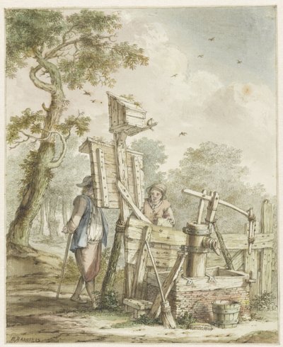 Landschaft mit zwei Männern an einem Anschlagbrett bei einer Wasserpumpe von Bartholomeus Barbiers