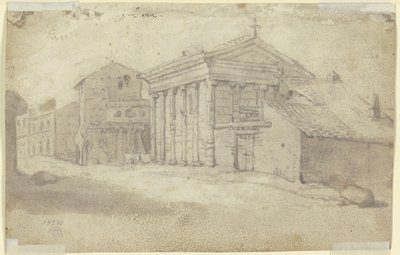 Straßenzug mit antikem Tempel ionischer Ordnung, nunmehr eine christliche Kirche mit zugesetzter Säulenstellung von Bartholomeus Breenbergh