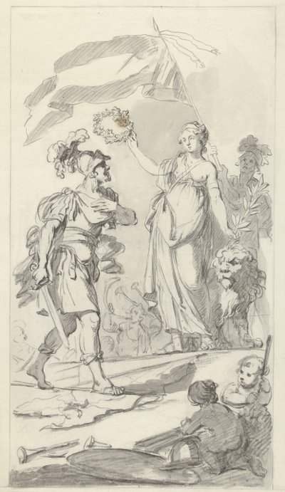 Der tapfere Bataver von der niederländischen Jungfrau gekrönt, 1799 (Entwürfe für das Denkmal zum Nationalfest zur Feier des Friedens vom 17. Dezember 1799) von Bartholomeus Ziesenis