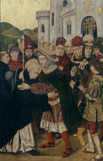 König Ferdinand I. von Kastilien begrüßt den heiligen Dominikus von Silos, 1478-1480 von Bartolomé Bermejo