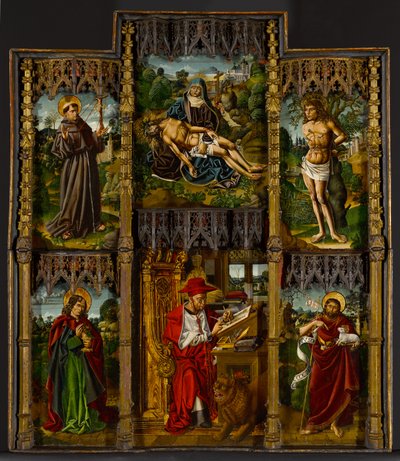 Tragbarer Altar: Pietà, Heilige Franziskus, Sebastian, Johannes der Evangelist, Hieronymus und Johannes der Täufer, ca. 1500 von Bartolomé Bermejo