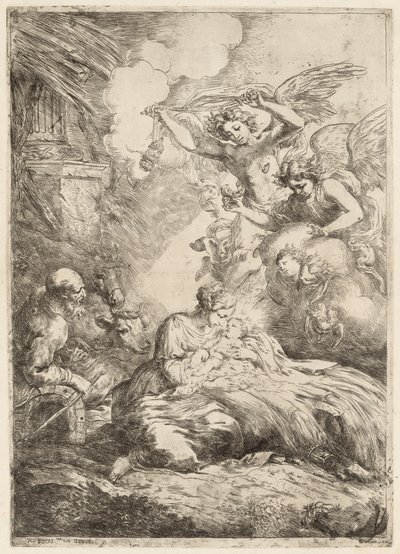 Die Heilige Familie von Engeln angebetet (Die große Geburt Christi, ca. 1655) von Bartolomeo Biscaino