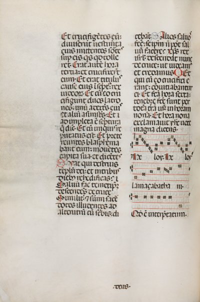 Missale: Fol. 128v: enthält Musik für Hely Hely Lama etc. innerhalb der St. Mattion Passion, 1469 von Bartolomeo Caporali