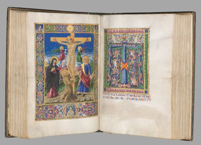 Missale: Fol. 185v: Kreuzigung mit Rändern, ganzseitig, 1469 von Bartolomeo Caporali