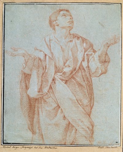 Mann in Gewändern, Arme geöffnet, Augen zum Himmel erhoben, Kopf geneigt. Zeichnung a la sanguine von Bartolomeo Cesi (1556-1620) von Bartolomeo Cesi