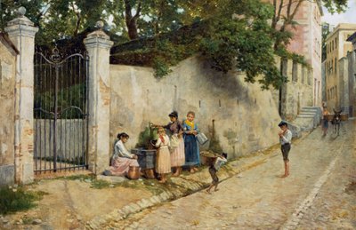 Am Brunnen, von Bartolomeo Giuliano (1825-1909), Öl auf Leinwand, 64,5x100 cm von Bartolomeo Giuliano