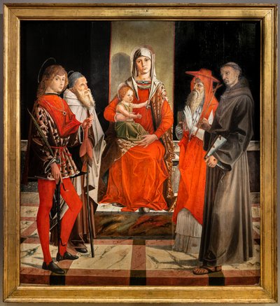 Thronende Madonna mit Jesuskind unter den Heiligen Ansanus, Antonius der Große, Hieronymus und Franziskus von Bartolomeo Montagna
