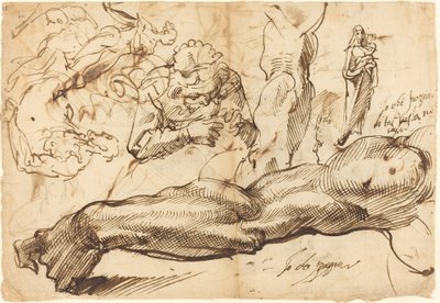 Studien eines linken Arms, einer jungen Frau, einer Madonna mit Kind, eines Profils und nackter Figuren von Bartolomeo Passarotti