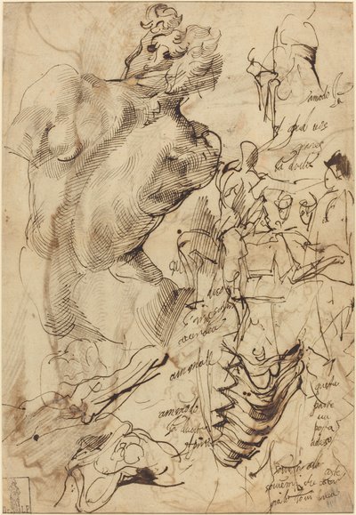 Studien einer Skulptur eines männlichen Aktes, Wirbel und gestikulierende Figuren von Bartolomeo Passarotti