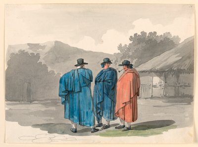 Eine Gruppe von drei Bauern in einem Dorf von Bartolomeo Pinelli