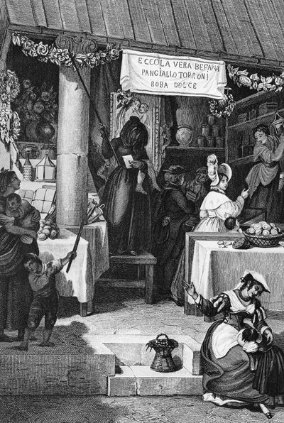 Befana (italienische Weihnachtshexe), Stand mit Süßigkeiten und Nougat auf der Piazza Navona während der Epiphanie, Rom, Gravur von Bartolomeo Pinelli von Bartolomeo Pinelli