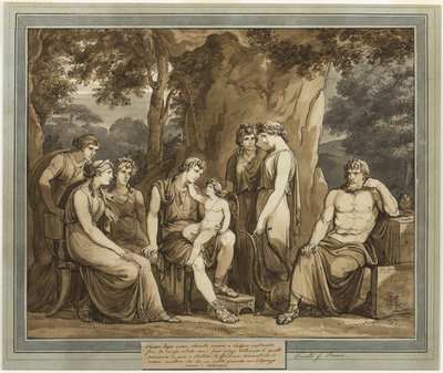 Kalypso beobachtet Telemach mit Amor auf seinem Knie, während Mentor wütend zusieht, aus Die Abenteuer des Telemach, Buch 7 von Bartolomeo Pinelli
