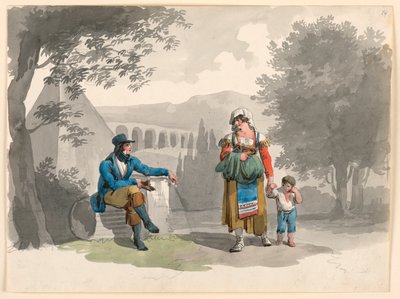 Frau hält einen Jungen an der Hand und geht an einem sitzenden Herrn unter Ruinen in der Campagna vorbei von Bartolomeo Pinelli
