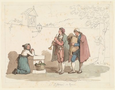 Der Dudelsackspieler und der Flötenspieler in Rom, Illustration für Römische Trachten und Bräuche von Bartolomeo Pinelli
