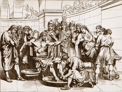 Der römische Philosoph Seneca (Lucius Annaeus Seneca, 4 v. Chr.-65 n. Chr.), beschuldigt, an einer Verschwörung gegen Kaiser Nero teilgenommen zu haben, wurde zum Selbstmord verurteilt - Gravur von Bartolomeo Pinelli - Tod des Seneca, Gravur von Bartolomeo von Bartolomeo Pinelli