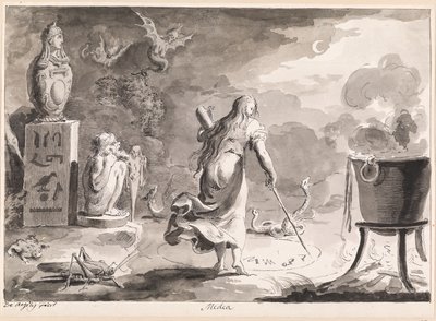 Medea. Eine Frau von hinten, zwischen Reptilien, Halbwesen, einem Hexenkessel und ägyptischen Götterstatuen, schreibt nachts Zauberrunen in einem Kreis auf den Boden. von Bartolomeo d