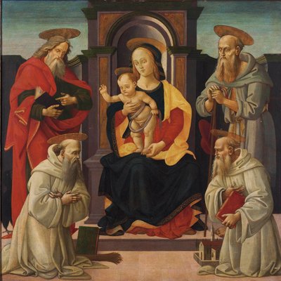Die Madonna und das Kind auf dem Thron mit den Heiligen Johannes dem Evangelisten und Hieronymus und zwei Benediktinerheiligen von Bartolomeo di Giovanni