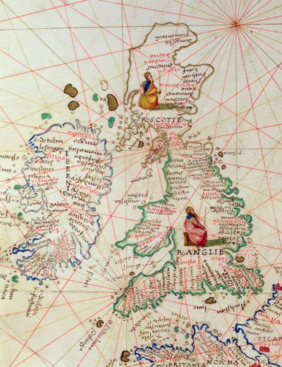 Die Königreiche England und Schottland, aus einem Atlas der Welt in 33 Karten, Venedig, 1. September 1553 (Detail) von Battista Agnese