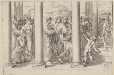 Der heilige Petrus und Johannes heilen einen Gelähmten in einem Tempel von Battista Franco