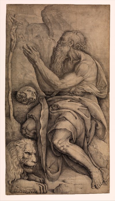 Der heilige Hieronymus kniet vor einem Kruzifix, mit einem Schädel und einem Löwen von Battista Franco