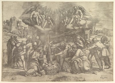 Die Anbetung der Hirten mit Engeln darüber von Battista Franco Veneziano