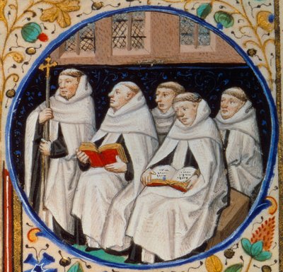 Szene aus dem klösterlichen Leben. Detail, das Mönche des Karmeliterordens darstellt. Miniatur aus dem 