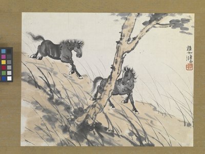 Zwei Pferde auf einem Hügel, frühes 20. Jahrhundert von Beihong Xu