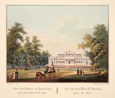 Het Paviljoen te Jaarlem, van den Hout af te zien. Vue du Pavillon de Harlem, prise du Bois, 1825 (handkolorierte Gravur) von Bendrik Greeven