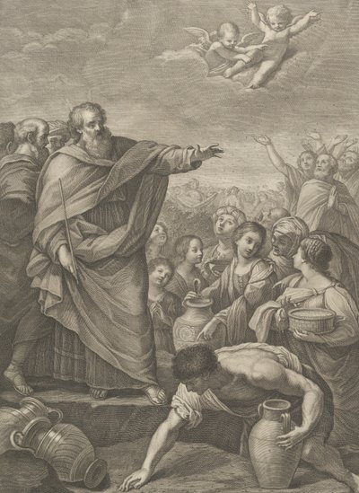 Moses links mit den Israeliten, die Manna sammeln, das vom Himmel fällt, zwei Engel, 1776 von Benedetto Eredi