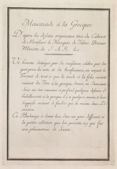 Mascarade à la Grecque: Titelseite Tafel 1, 1771 von Benigno Bossi