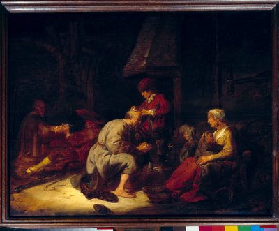 Die Operation mit einer Lupe. Chirurg operiert einen seiner Patienten am Kopf. Gemälde von Benjamin Gerritsz Cuyp von Benjamin Gerritsz. Cuyp