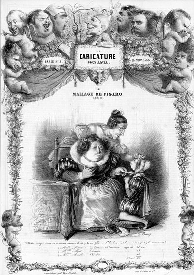 Die Hochzeit des Figaro, Akt 11, mit den Figuren Suzanne und Gräfin Almaviva: „... aber sieh, wie hübsch dieses Mädchen ist... wirst du nicht auch so hübsch sein?“ Illustration, 1838 von Benjamin Roubaud