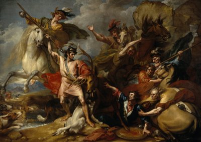 Alexander III. von Schottland wird von der Wut eines Hirsches durch die Unerschrockenheit von Colin Fitzgerald gerettet (