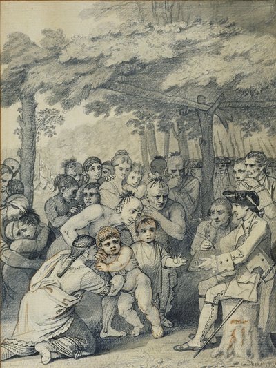 Die Indianer übergeben die englischen Gefangenen an Colonel Bouquet in der Nähe seines Lagers an den Gabelungen des Muskingum, Nordamerika im November 1764, ca. 1769 von Benjamin West