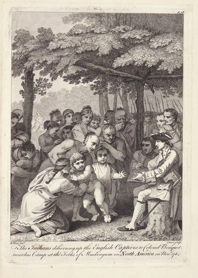 Die Indianer übergeben die englischen Gefangenen an Colonel Bouquet in der Nähe seines Lagers an den Gabelungen des Muskingham in Nordamerika im November 1764 von Benjamin West