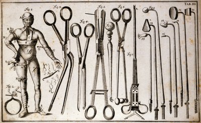 Verschiedene Arten von Zangen und chirurgischen Instrumenten. Ein Mann trägt verschiedene Arten von Tourniquets und Verbänden. Tafel der Chirurgie illustriert von Benoist Louis Prevost (1735-1809). 18. Jahrhundert von Benoit Louis Prevost