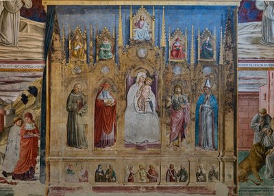 Ein falsches Polyptychon mit der Jungfrau Maria und dem Kind, St. Antonius von Padua, St. Hieronymus, St. Johannes und St. Ludwig von Toulouse, Kapelle des St. Hieronymus von Benozzo di Lese di Sandro Gozzoli