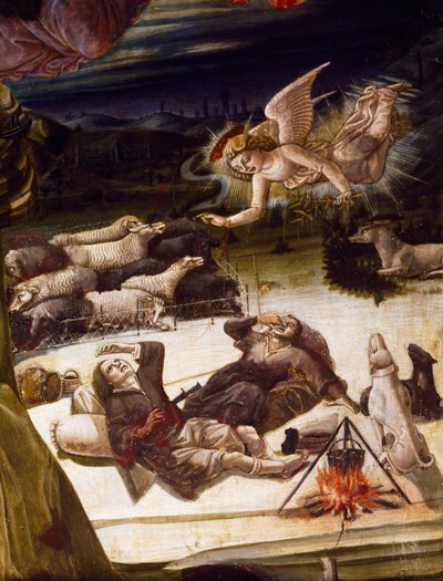 Ein Engel und Hirten, Detail vom Altarbild der Geburt Christi, von Benvenuto di Giovanni (1436-ca 1518) von Benvenuto di Giovanni