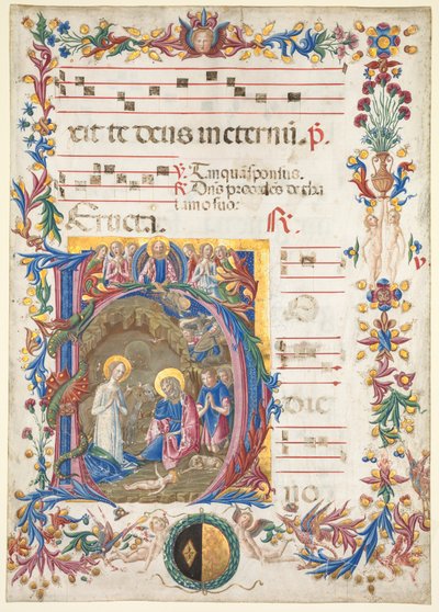 Einzelblatt aus einem Antiphonar: Initiale H[odie nobis] mit der Geburt Christi von Benvenuto di Giovanni