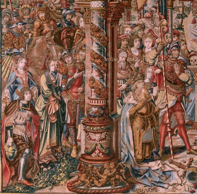 Flämischer Wandteppich. Serie Die Ehren. Glaube. Erster Wandteppich der Serie. Modell Zeichner aus dem Kreis von Bernard van Orley und Jan Gossaert. Herstellung Pieter van Aelst, Brüssel. Ca. 1550 von Bernaert van (circle of) Orley