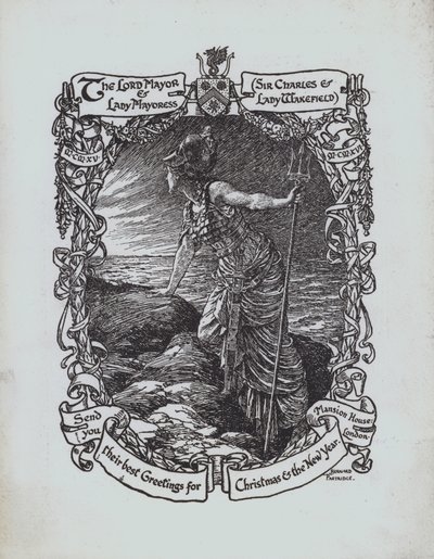 Britannia blickt aufs Meer, Weihnachtsgrußkarte des Ersten Weltkriegs vom Bürgermeister und der Bürgermeisterin von London, Sir Charles und Lady Wakefield von Bernard (after) Partridge
