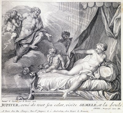 Jupiter (Zeus) verbrennt Semele mit seinem Blitz. Gravur des 18. Jahrhunderts nach der Zeichnung von B. Picart aus dem Jahr 1708. von Bernard (after) Picart