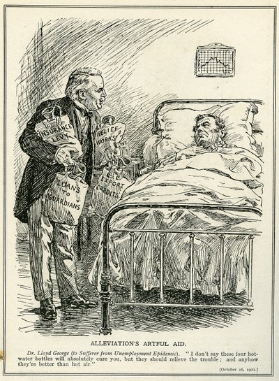 Dr. Lloyd George schlägt vor, den Arbeitslosen mit vier Wärmflaschen zu heilen: 