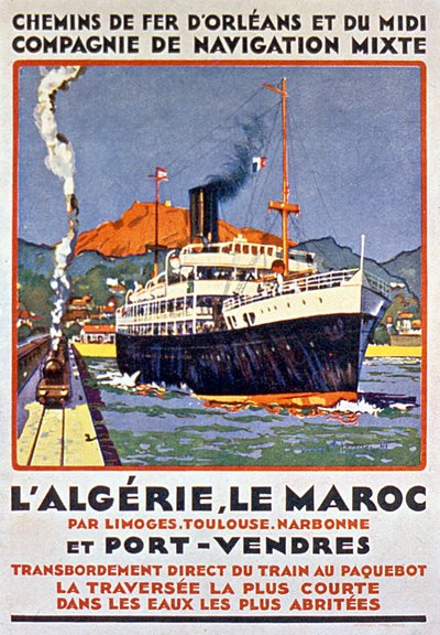 Werbeplakat für die französische Eisenbahn nach Algerien und Marokko über Limoges Toulouse Narbonne und Port Vendres um 1900 von Bernard Lachevre