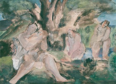 Drei Frauen und ein Kind baden unter einem Baum von Bernard Meninsky
